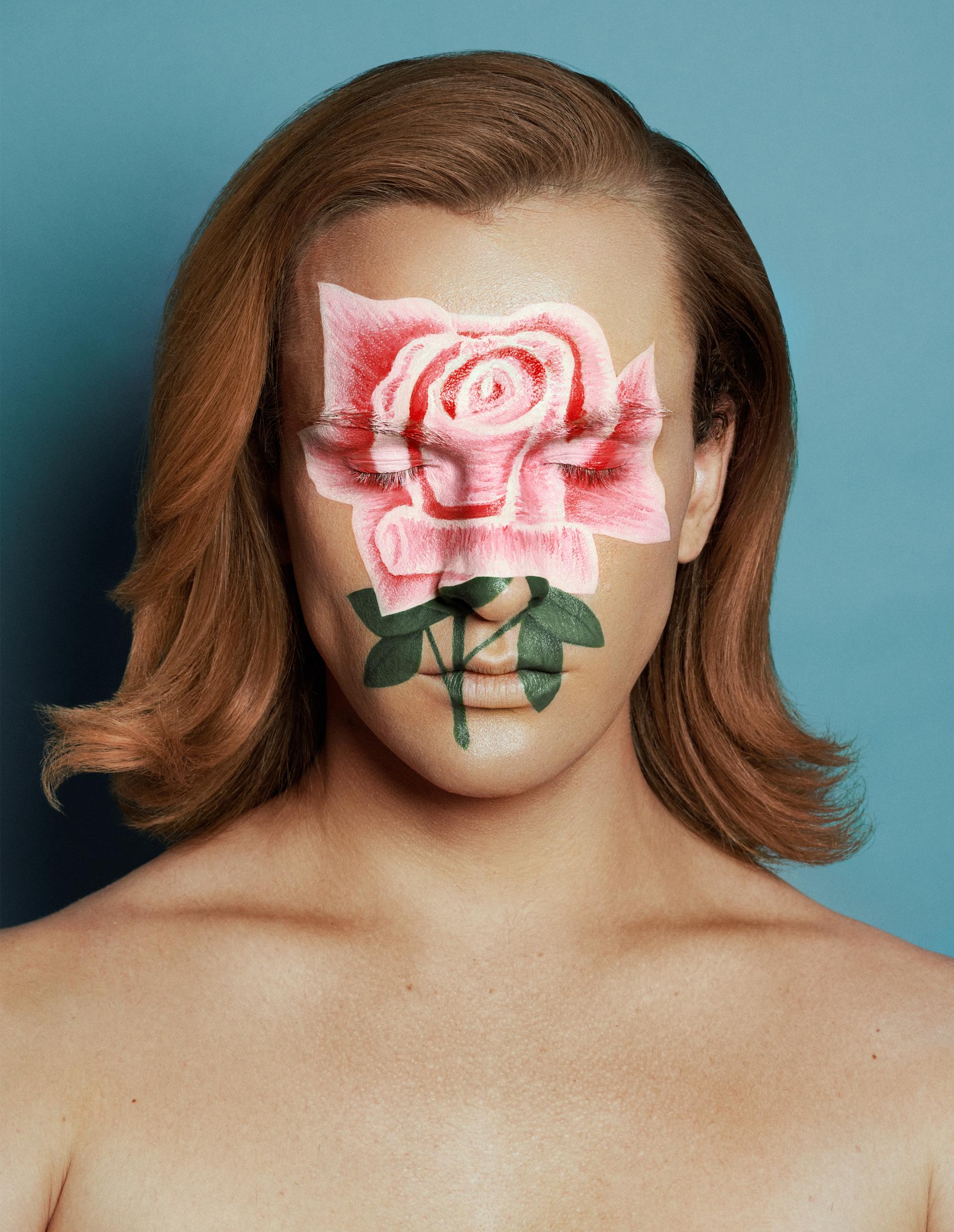Trans Person's Face covered by a Rose by Laurel Charleston